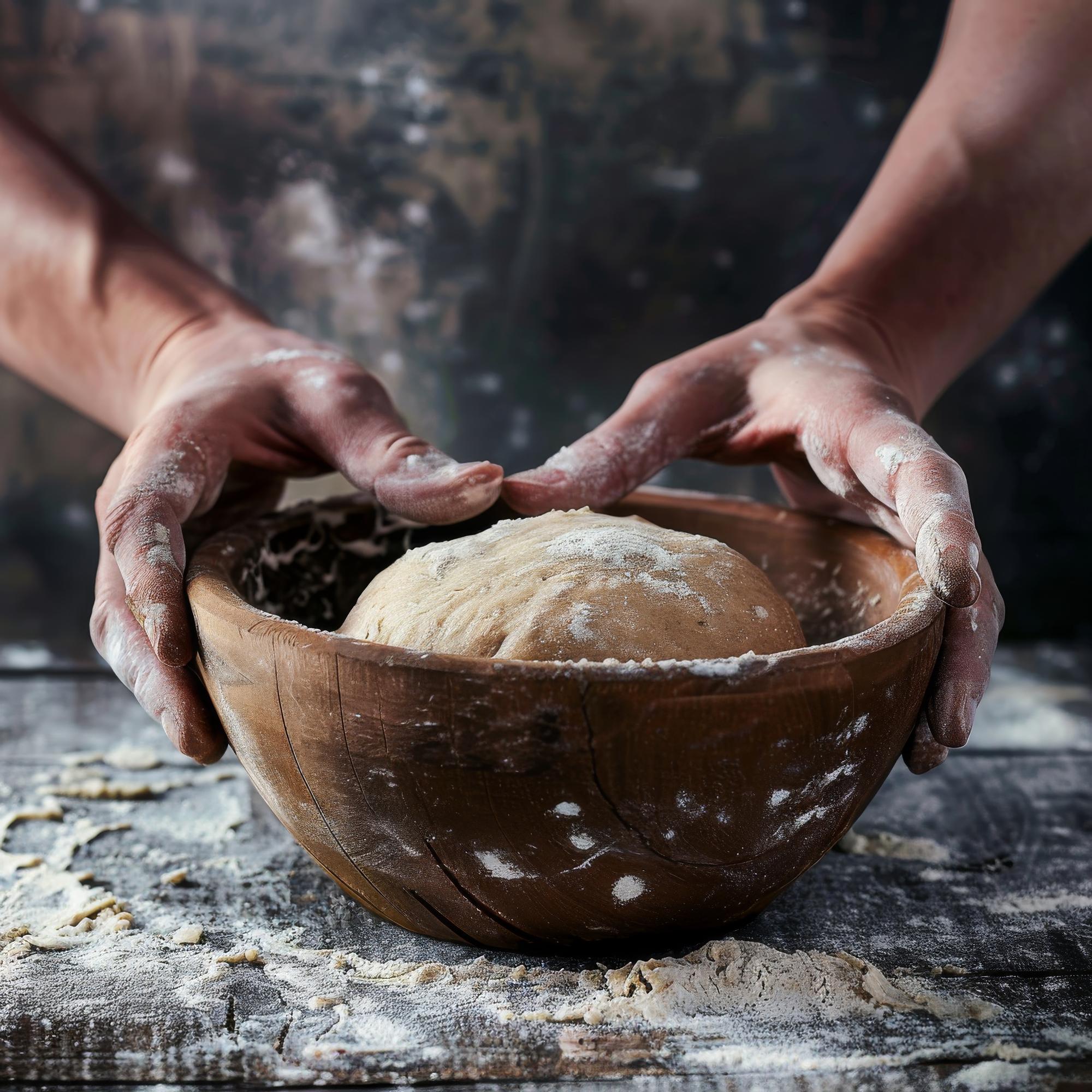 Close-up of hands kneading dough on wooden table